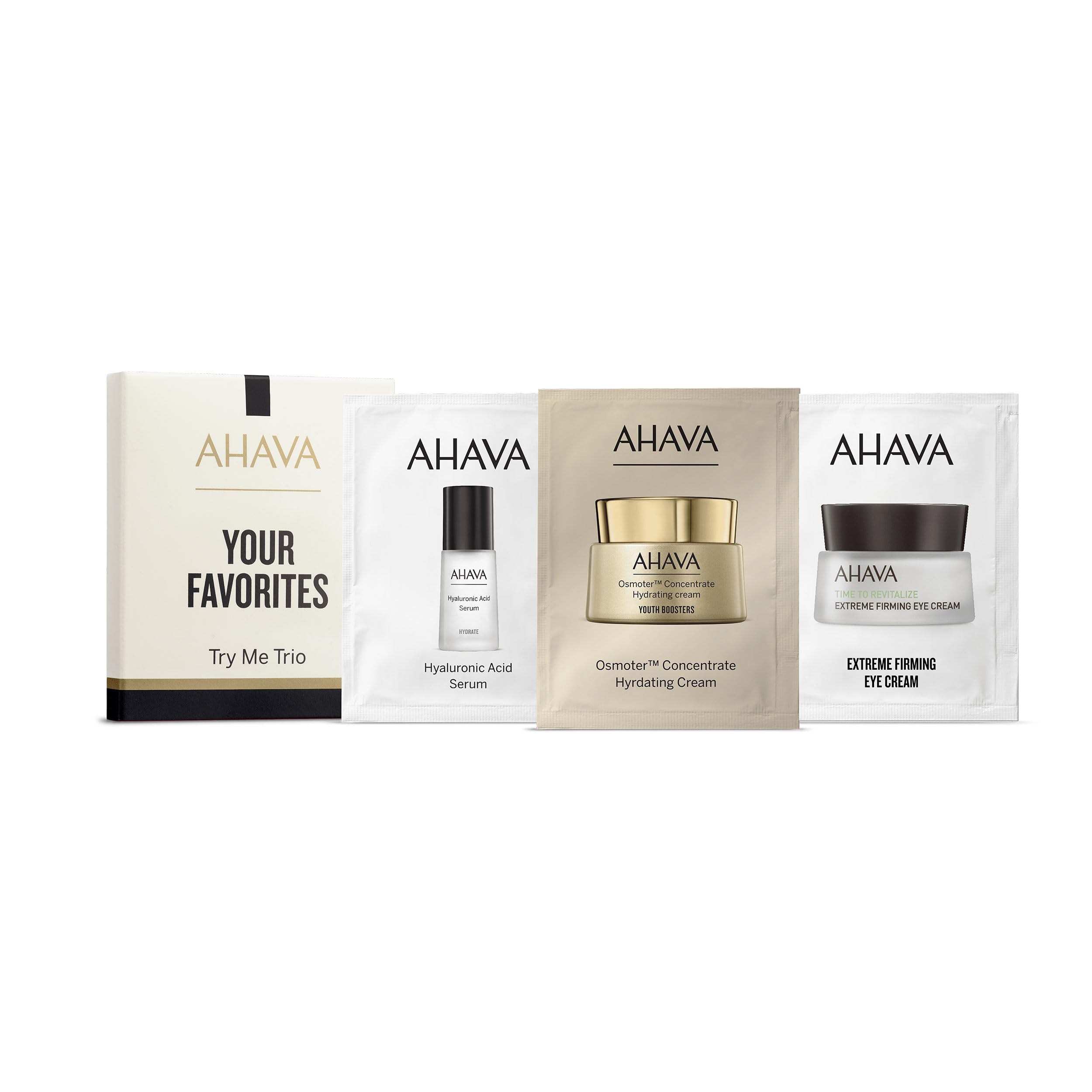 AHAVA Your Favourites Sachet Kit- OsmoterTM Concentrate Hydrating Cream 3ml, Extreme Eye Cream 2ml & Hyaluronic Acid Serum 3ml- Hydrates, Firms & Maintains Moisture Level, Reduce Wrinkles with Osmoter